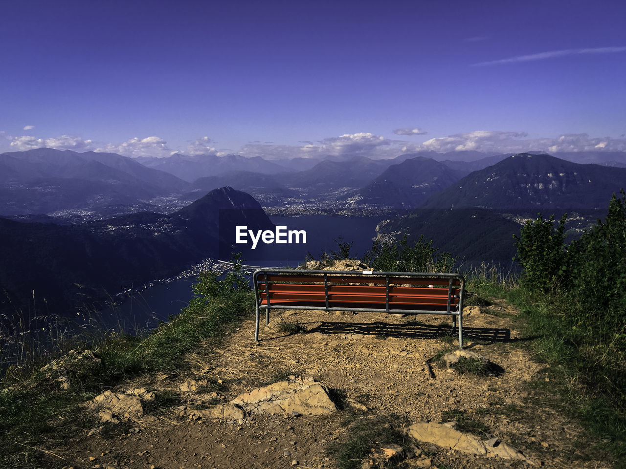 High angle view of bench on mountain