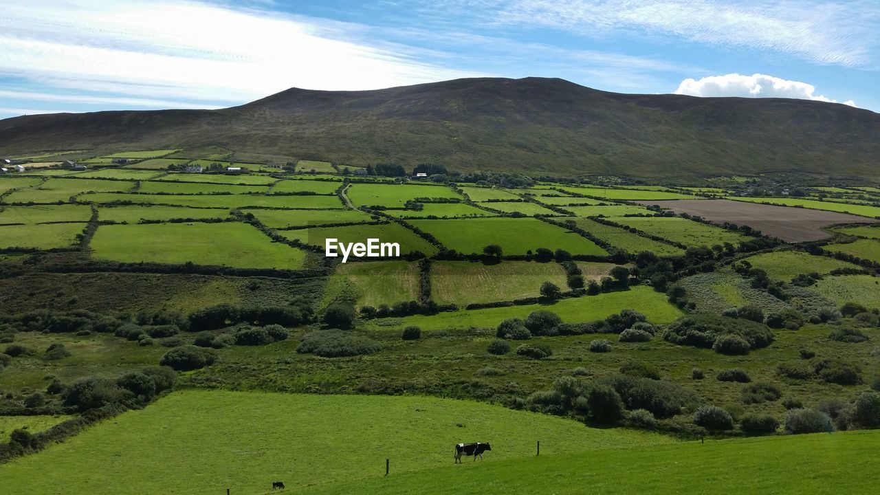 High angle view of field against cloudy sky