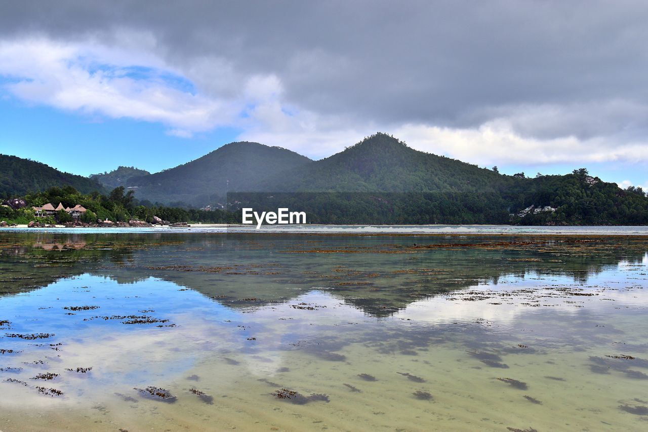 Scenic view of lake and mountains against sky