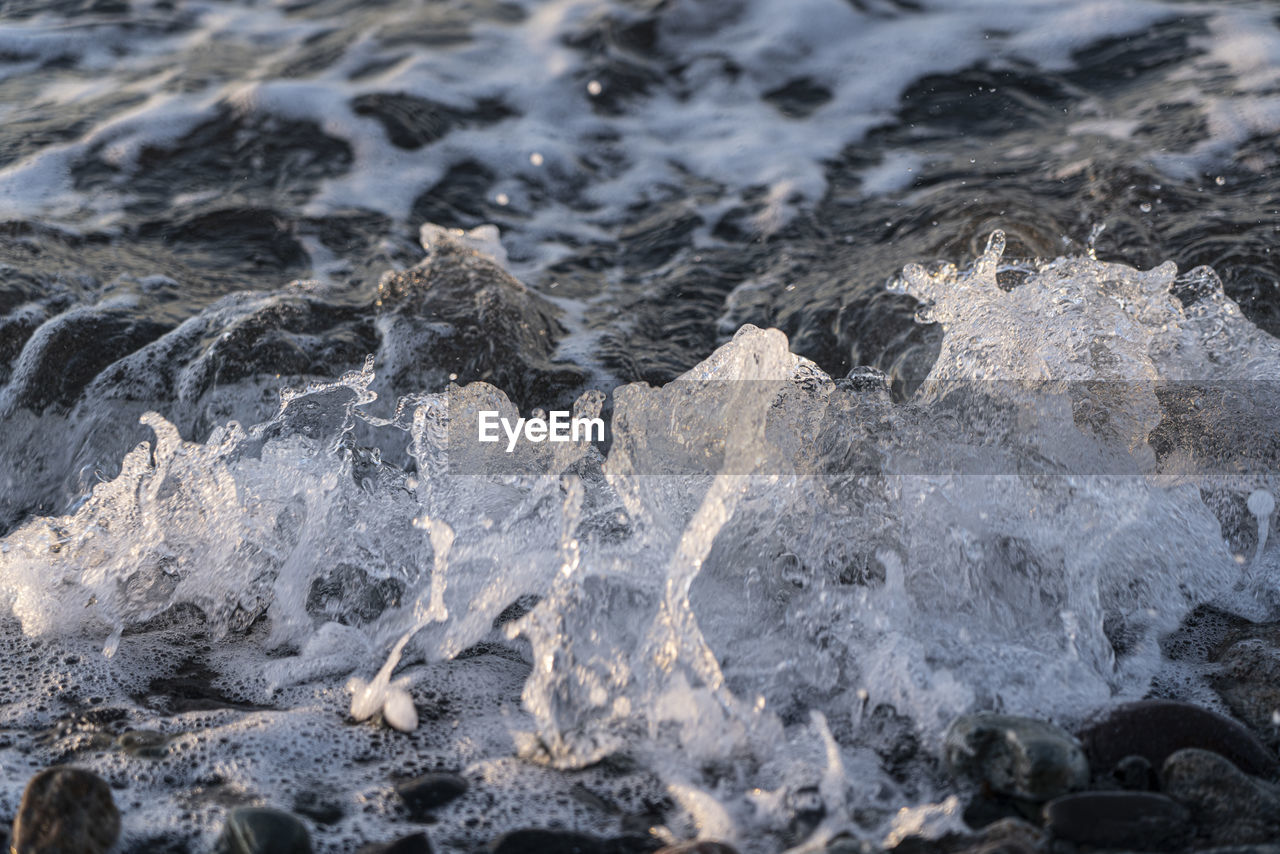 HIGH ANGLE VIEW OF WATER SPLASHING ON ROCKS