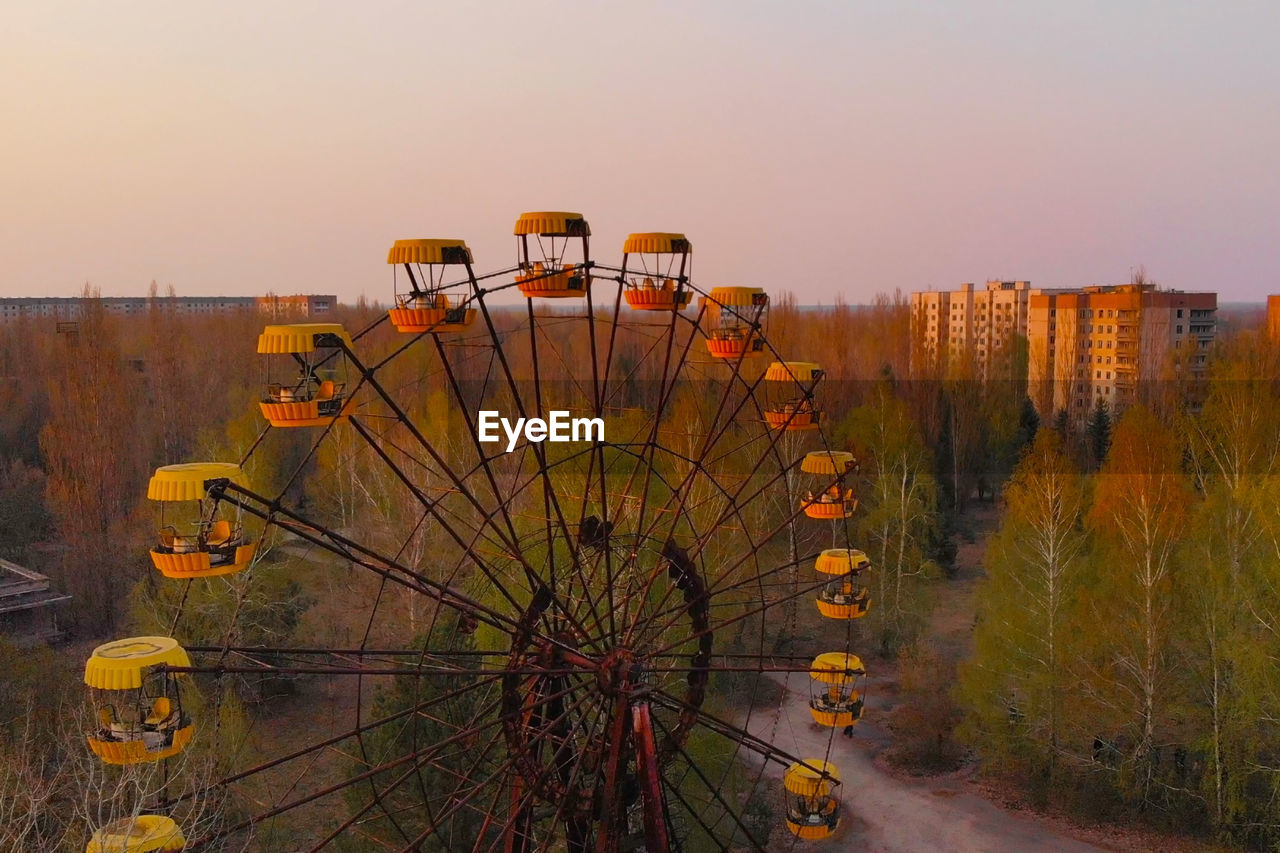 Main square of abandoned city pripyat at sunset. exclusion zone near chernobyl nuclear power plant.