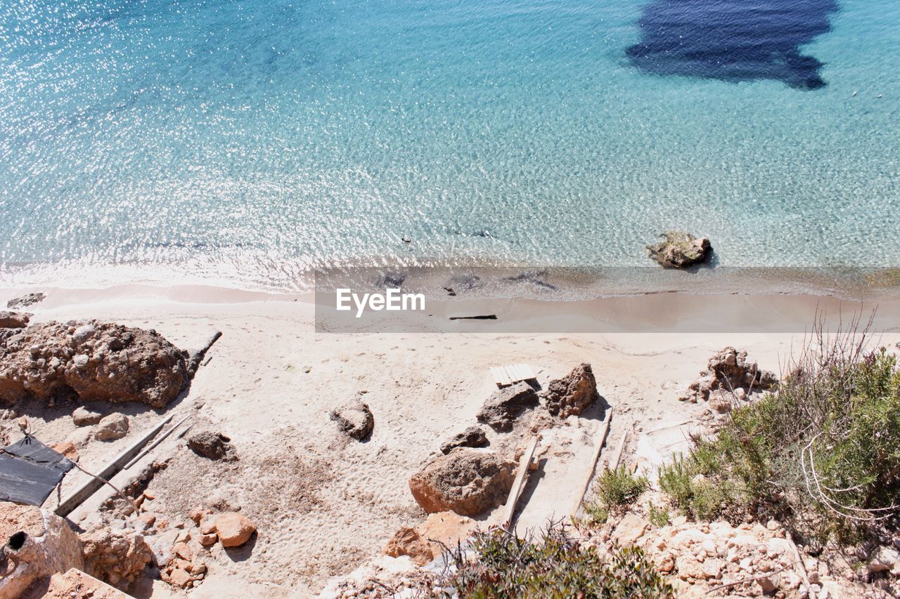 High angle view of rocks on beach