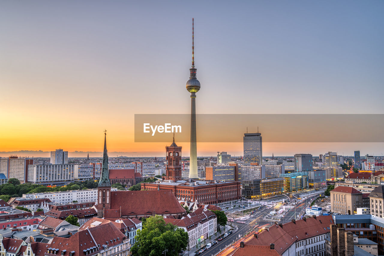 The center of berlin with the famous tv tower after sunset
