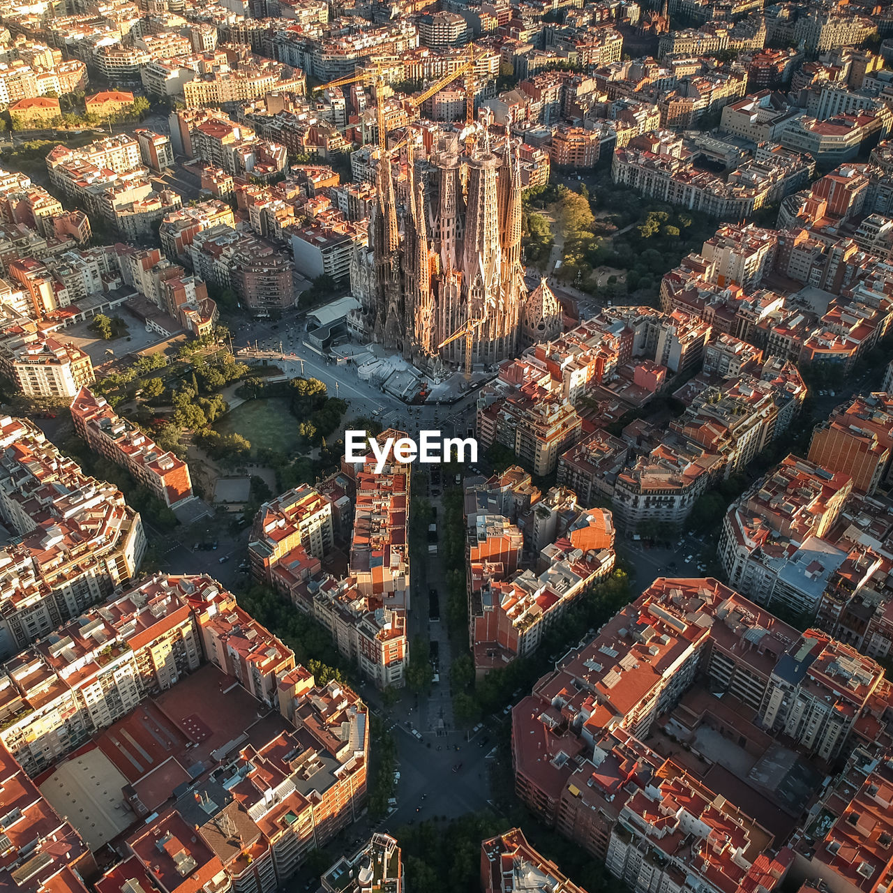 High angle view of illuminated buildings in city