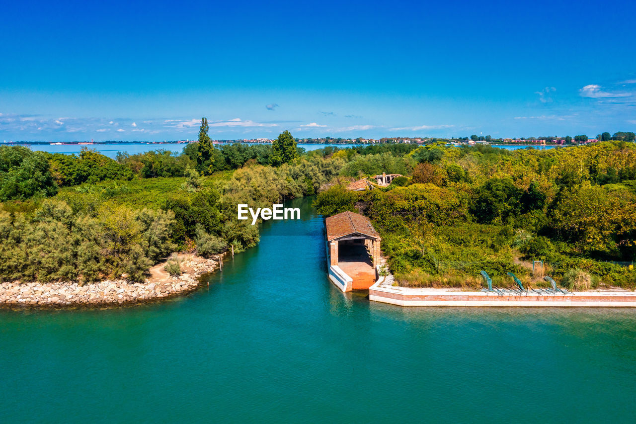 Aerial view of the plagued ghost island of poveglia in venice