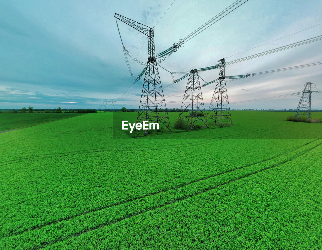 environment, landscape, green, sky, agriculture, field, land, nature, electricity, power generation, technology, rural scene, grassland, cable, plant, grass, environmental conservation, no people, power supply, plain, crop, scenics - nature, cloud, beauty in nature, electricity pylon, outdoors, wind, farm, day, tranquility, growth, power line, social issues, architecture, renewable energy