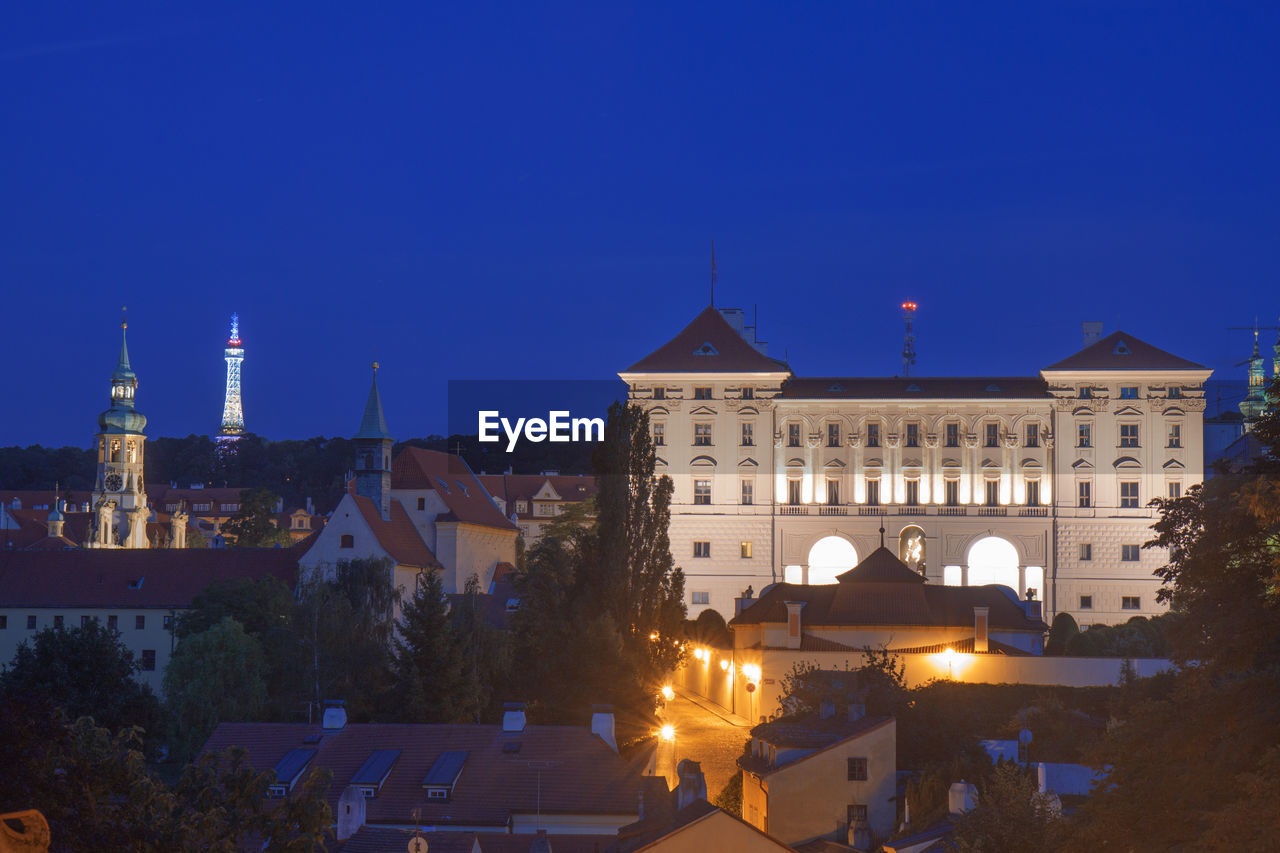 Low angle view of czernin palace against night blue sky on july 21st, 2017 in prague. 