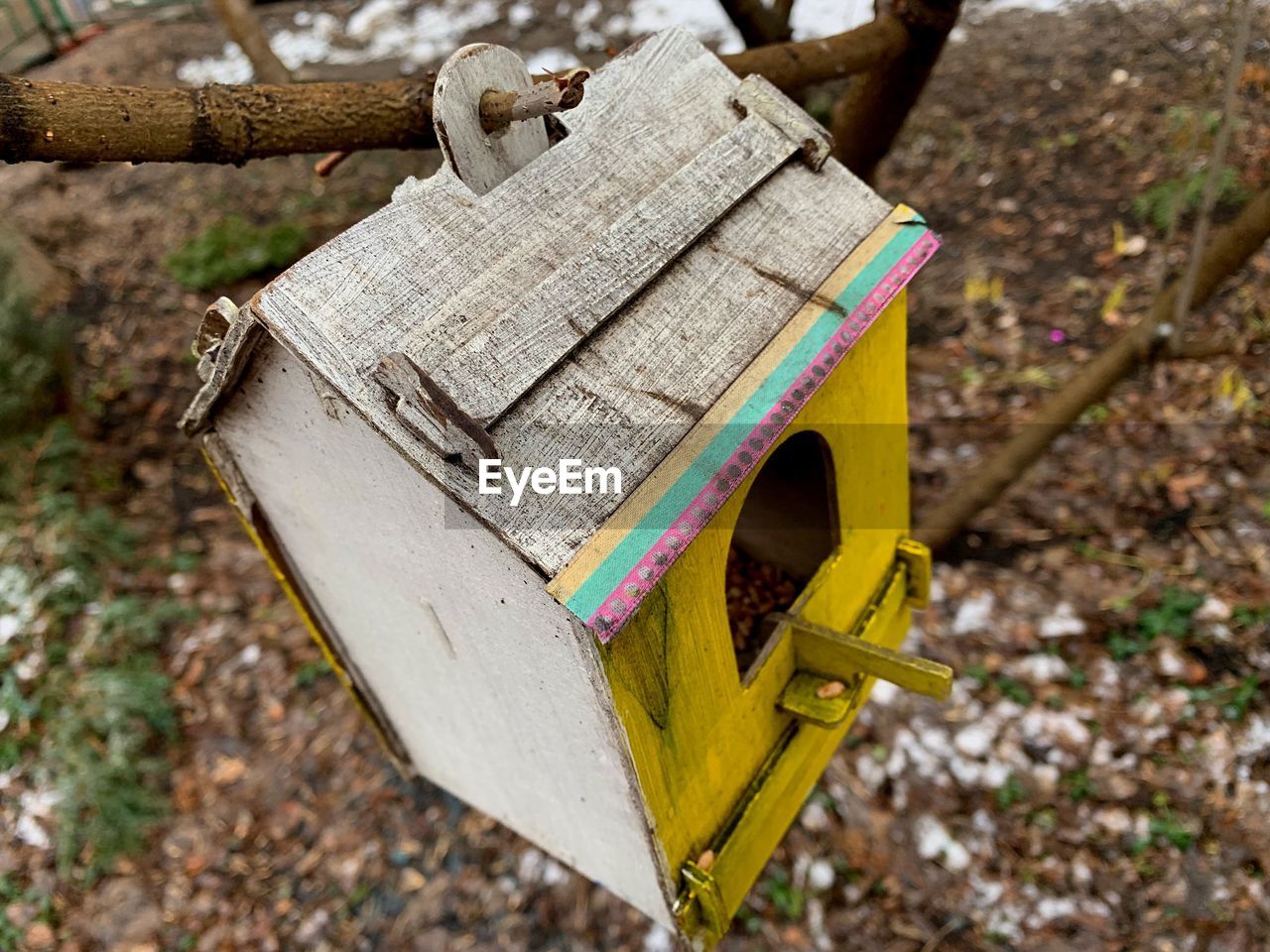 High angle view of birdhouse on field