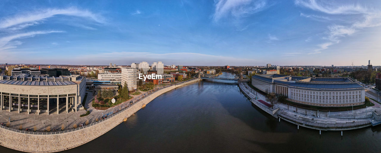 Wroclaw panorama with car bridge over odra river, aerial view