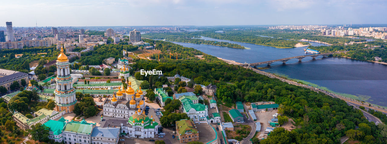 Magical aerial view of the kiev pechersk lavra near the motherland monument.