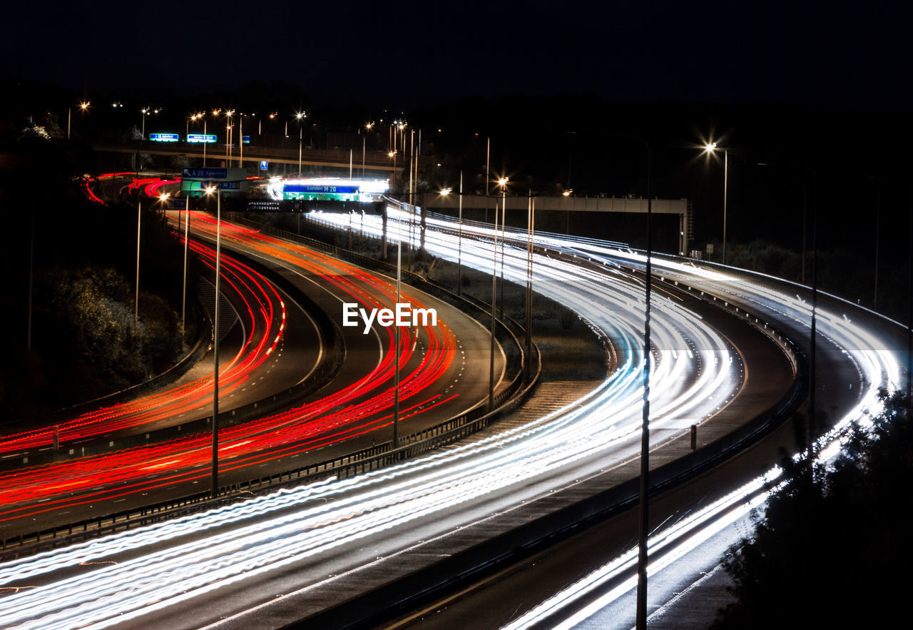 Light trails on road at night