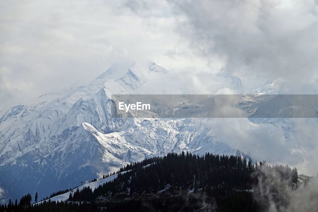 Aerial view of snowcapped mountains against sky