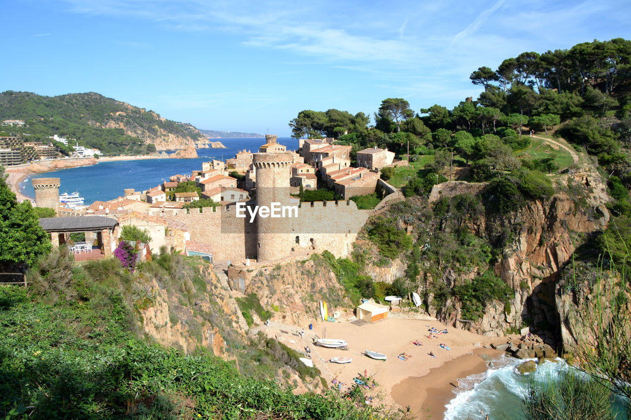 High angle view of fortress at beach against sky