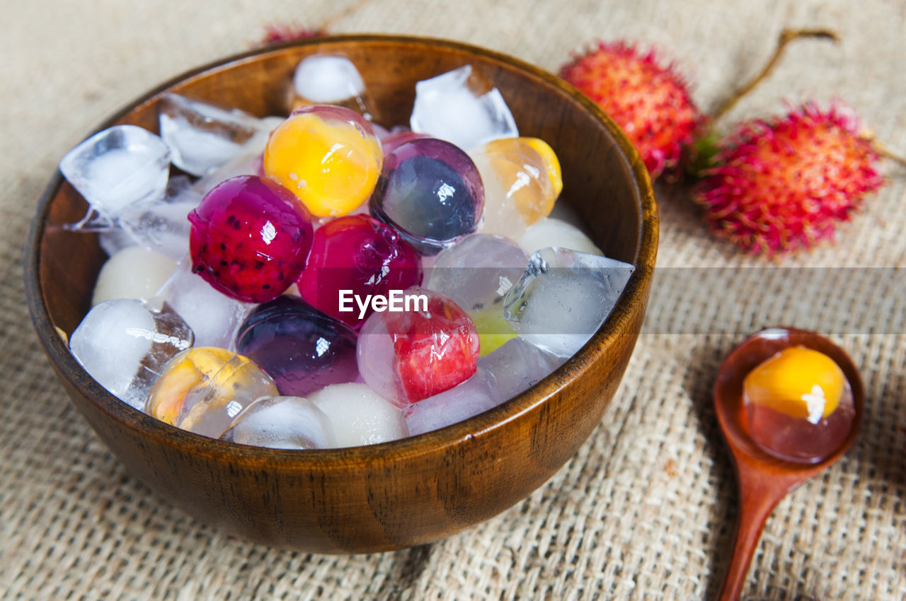 Close-up of fruit jelly in bowl on table