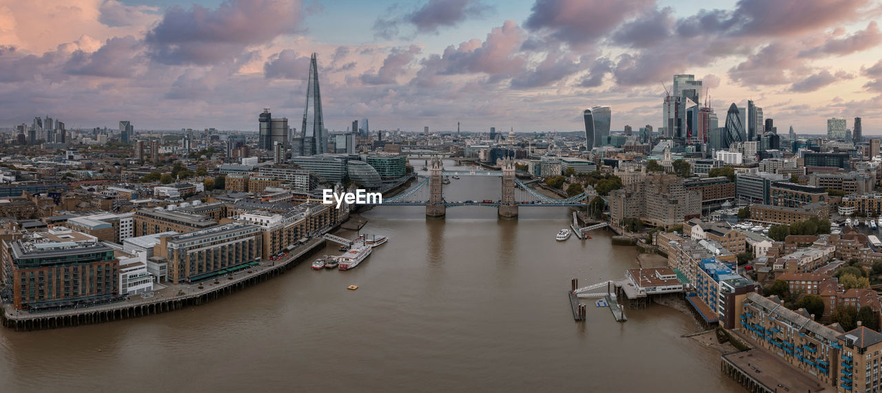 Aerial view of the tower bridge, central london, from the south bank of the thames.