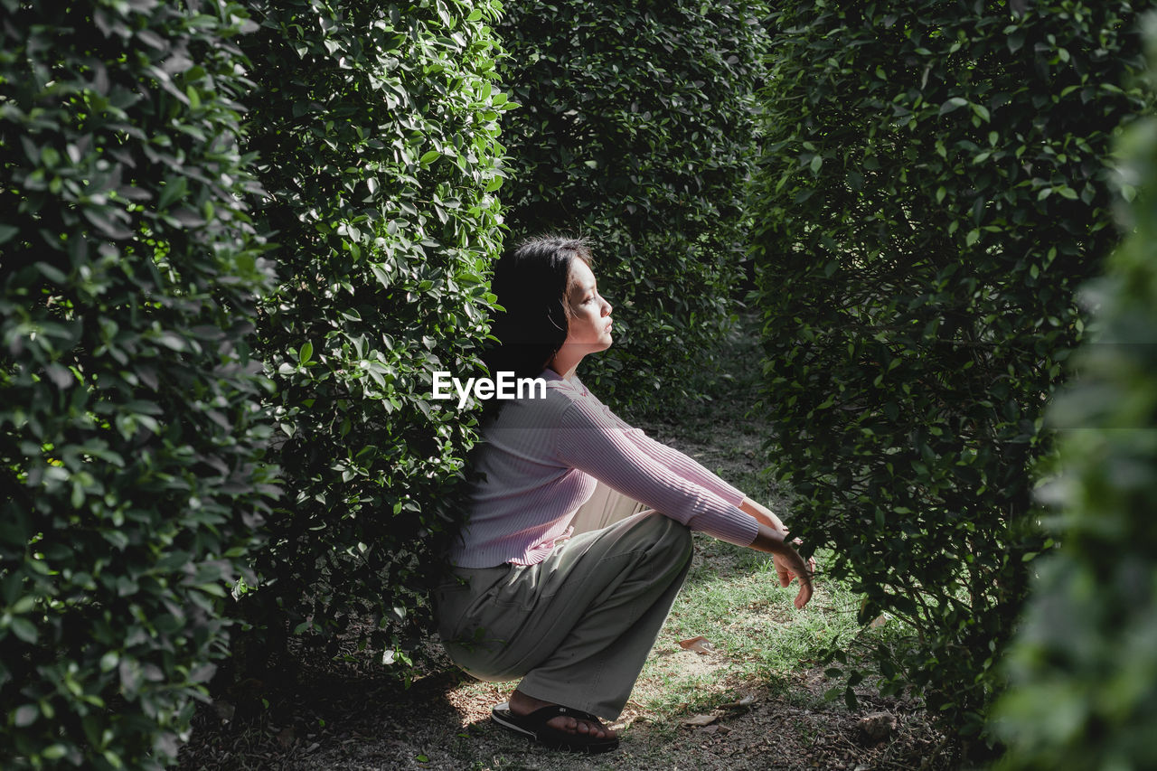 Side view of woman in forest