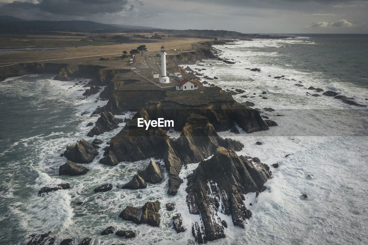 Lighthouse on the pacific coast from above, point arena, california