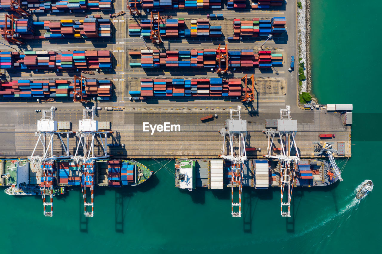 High angle view of commercial dock and shipping container 