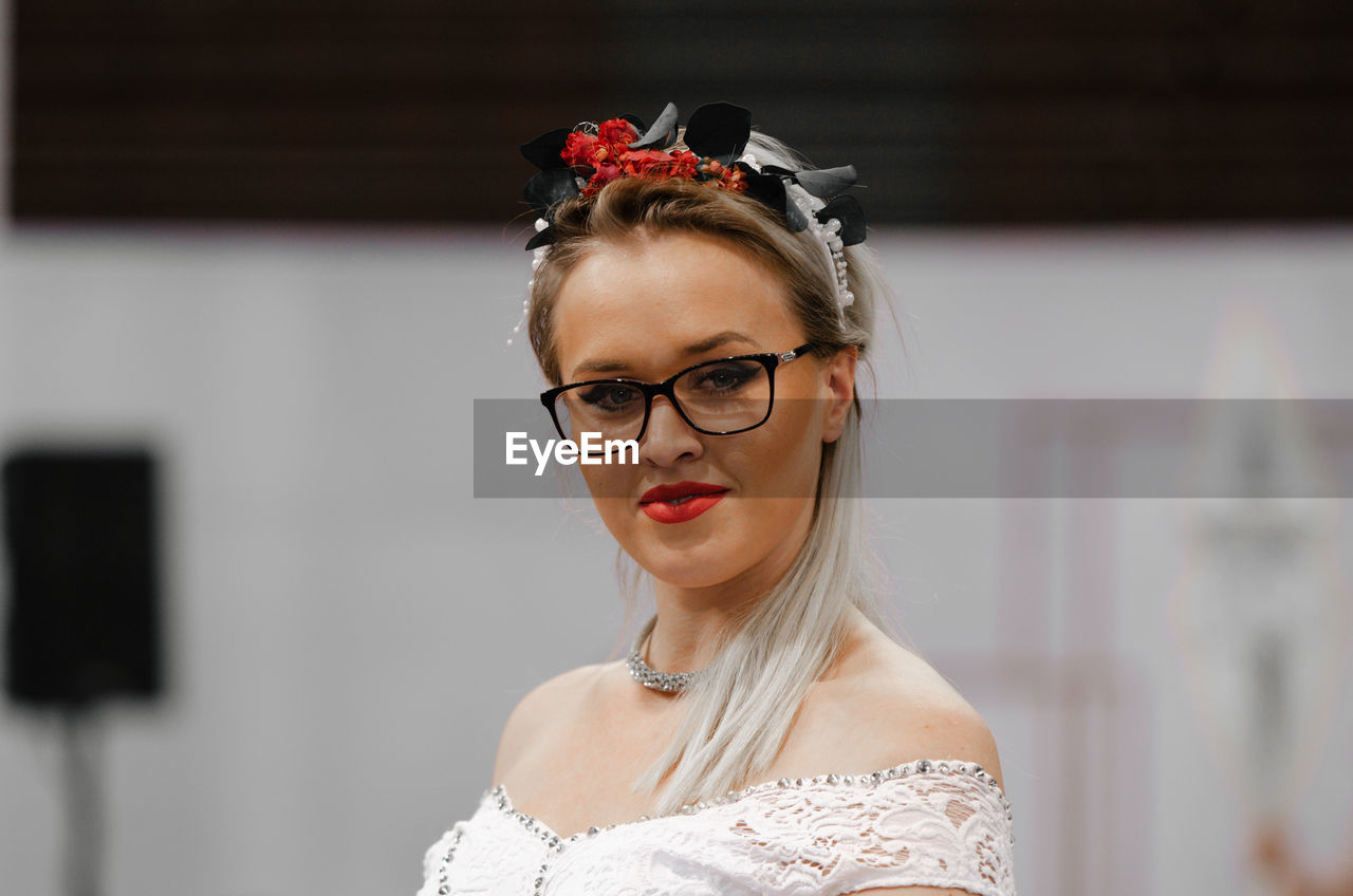 Portrait of bride wearing headband