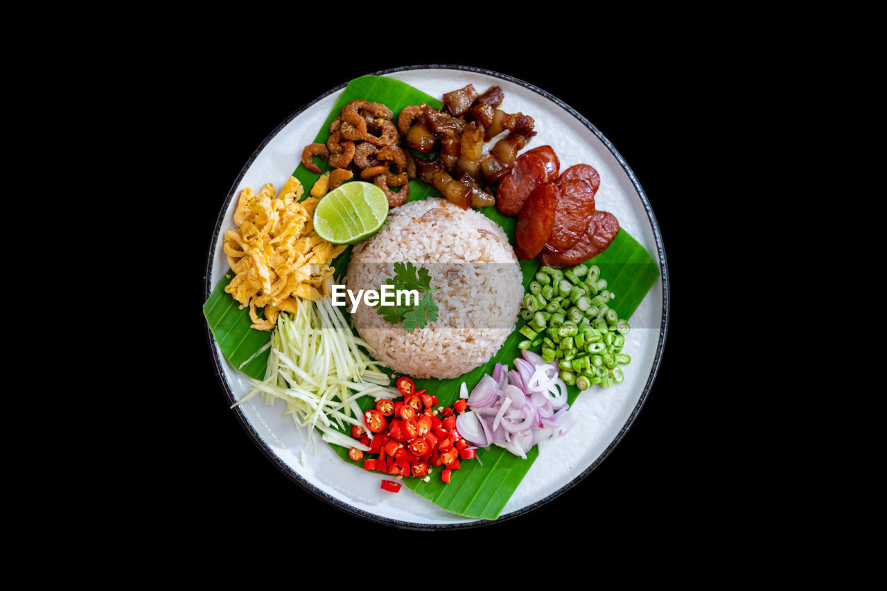 food, food and drink, black background, healthy eating, freshness, wellbeing, studio shot, indoors, vegetable, plate, dish, asian food, fruit, no people, high angle view, meal, still life, cuisine, produce, directly above, rice - food staple, bowl, meat, cut out