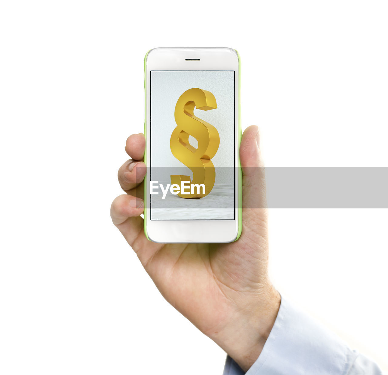 Cropped hand holding mobile phone with paragraph icon on display against white background