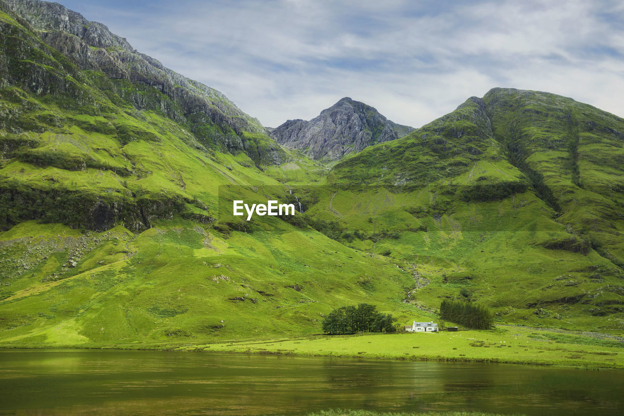 scenic view of lake by mountains against sky