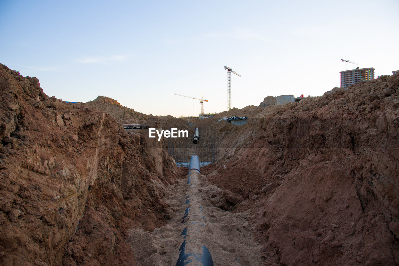 Sewer pipes for laying an external sewage system at a construction site. sanitary drainage system