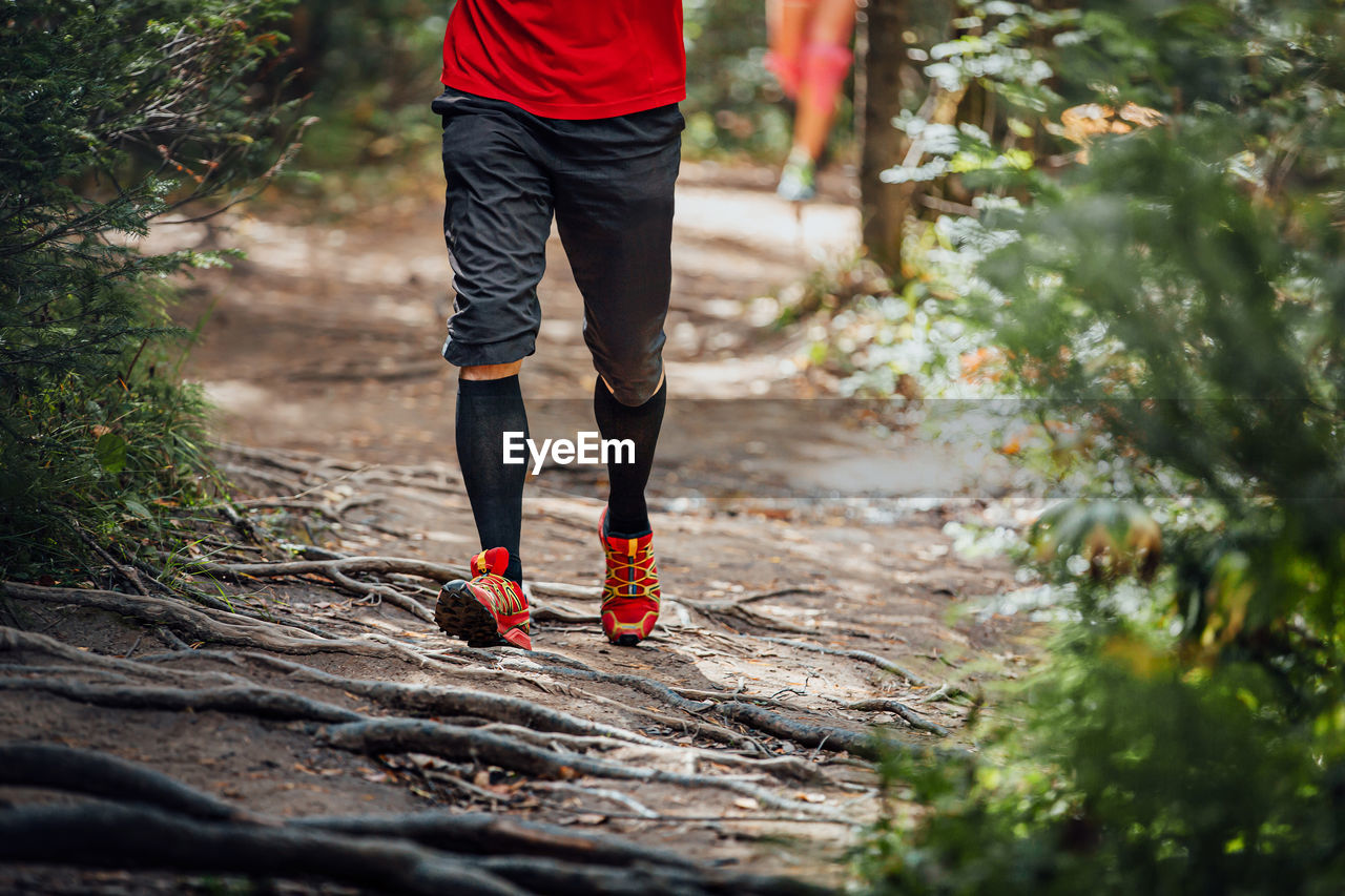 Male runner in compression calf sleeve run forest trail