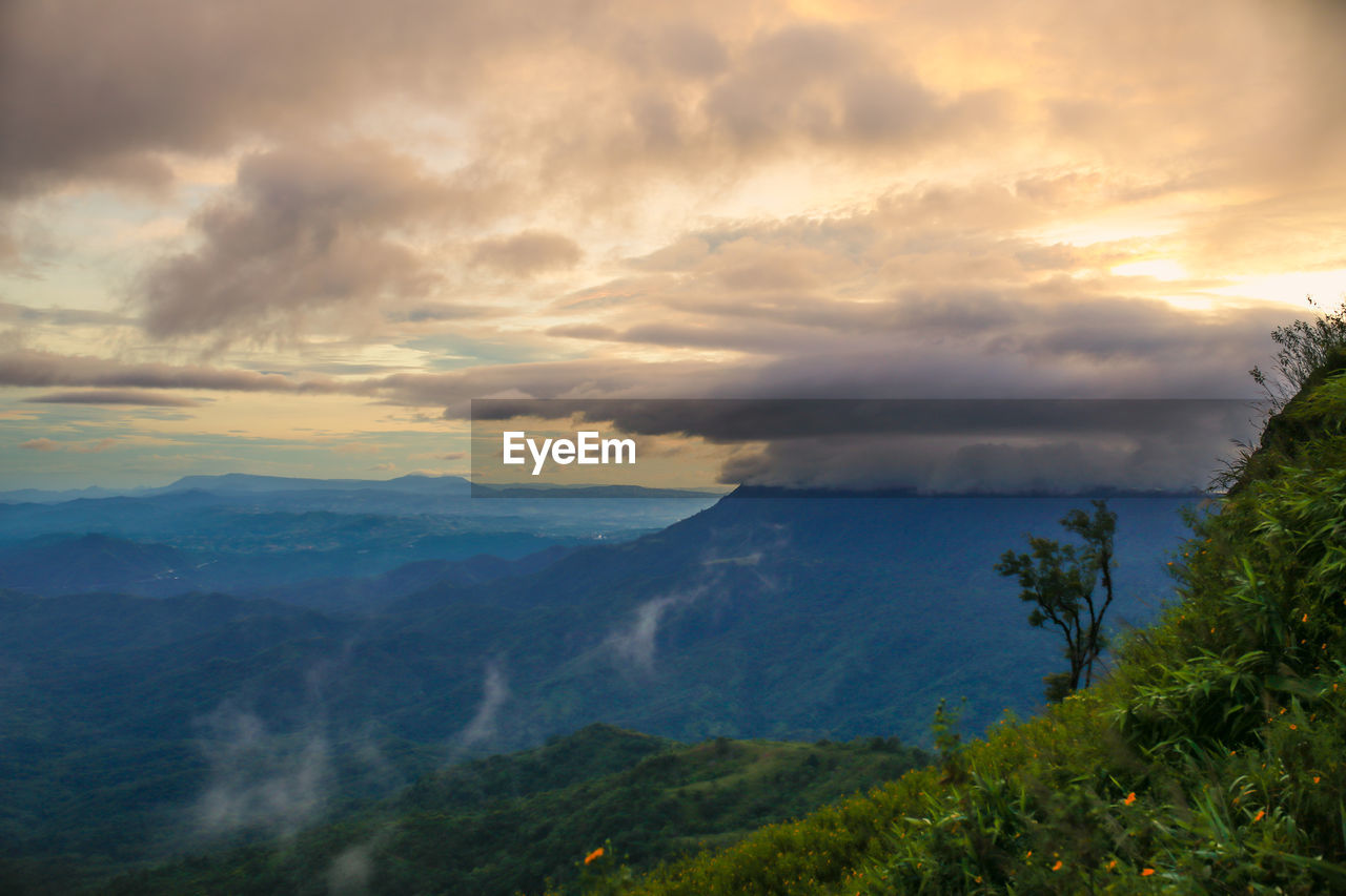 high angle view of landscape against sky during sunset