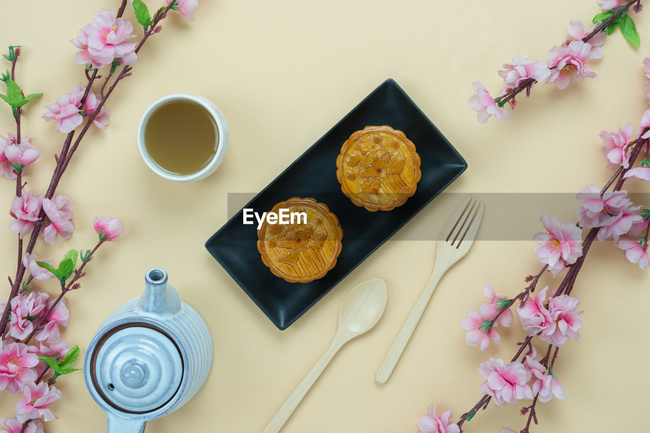 HIGH ANGLE VIEW OF BREAKFAST ON TABLE AGAINST WHITE BACKGROUND