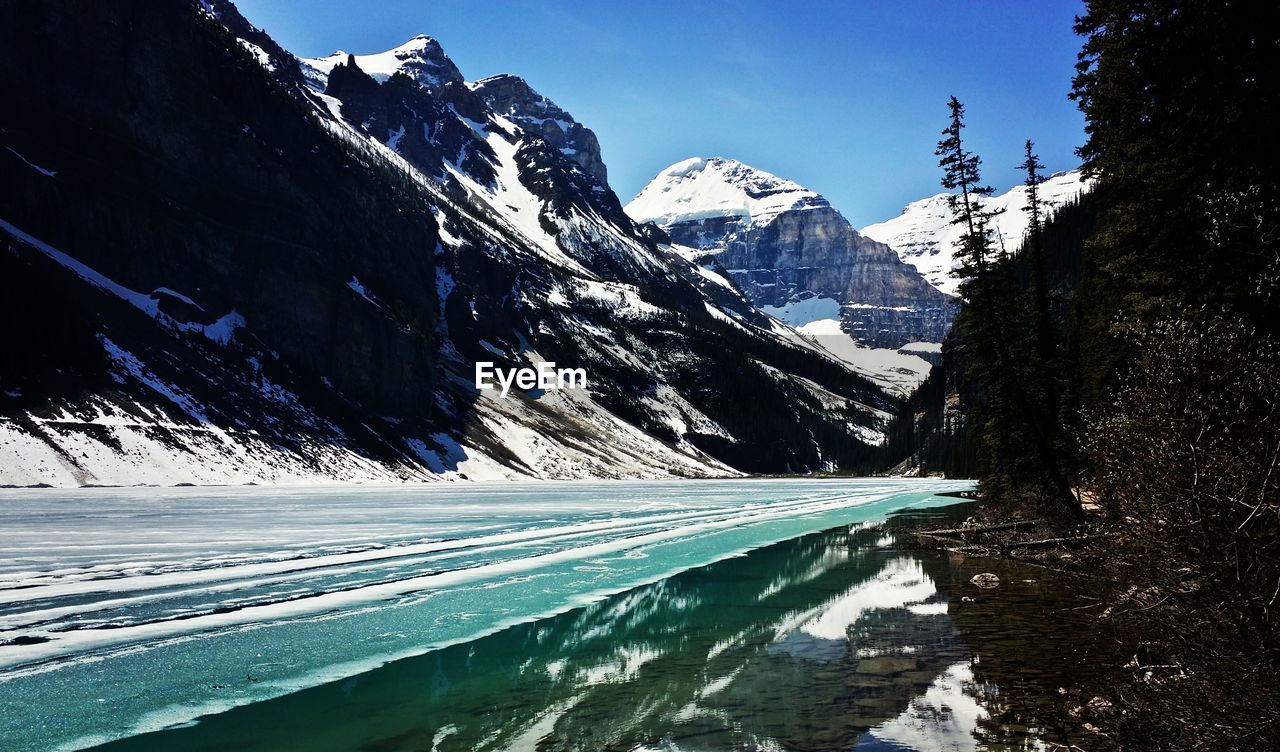 Scenic view of snow covered mountains against sky