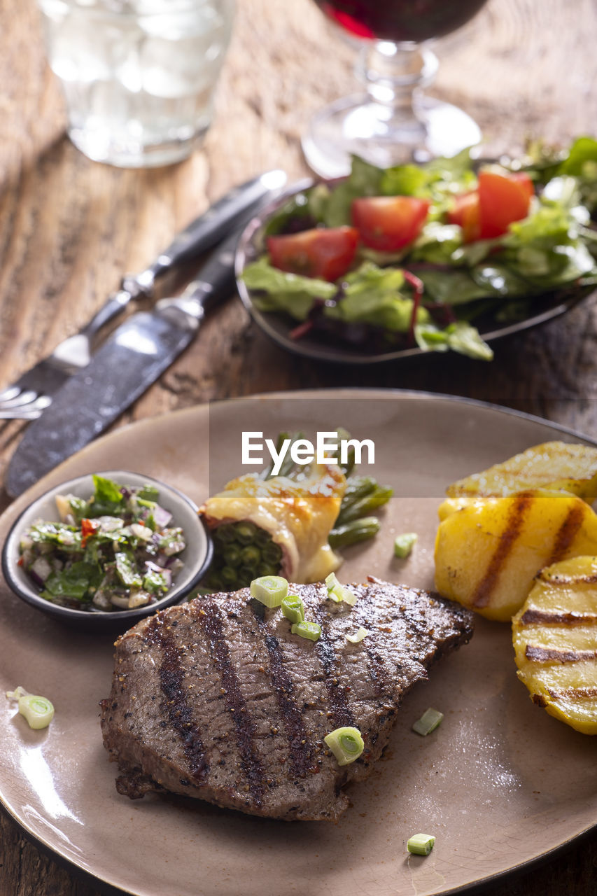 high angle view of food in plate on table