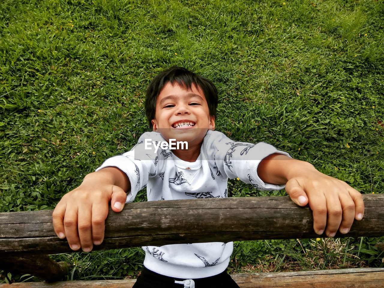 High angle portrait of boy playing with wooden fence on grassy field