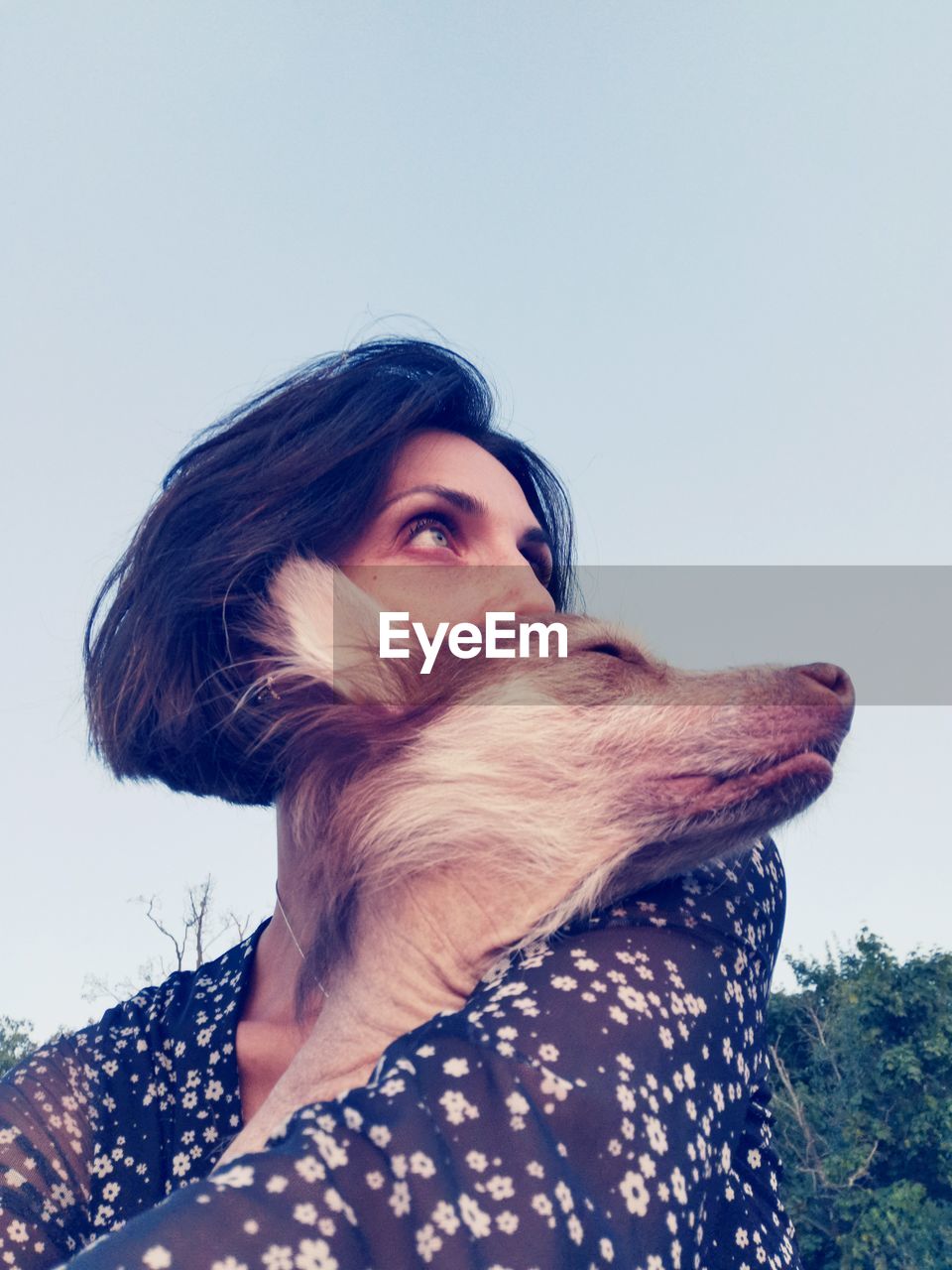 Portrait of young woman looking away against clear sky