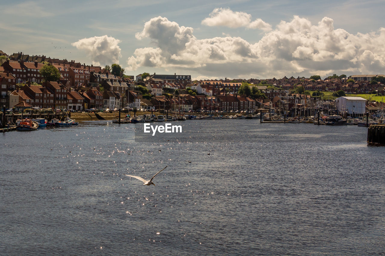 Scenic view of sea by city against sky