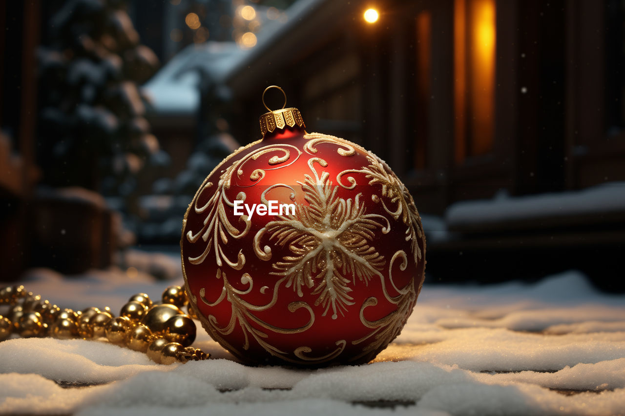 snow, christmas, winter, holiday, decoration, cold temperature, celebration, christmas decoration, tradition, red, christmas ornament, snowflake, focus on foreground, nature, night, no people, christmas tree, gold, illuminated, craft, event, architecture, lighting, outdoors, sphere, close-up