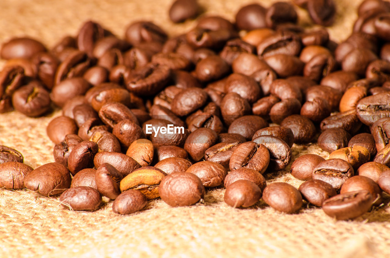 Close-up of coffee beans on burlap