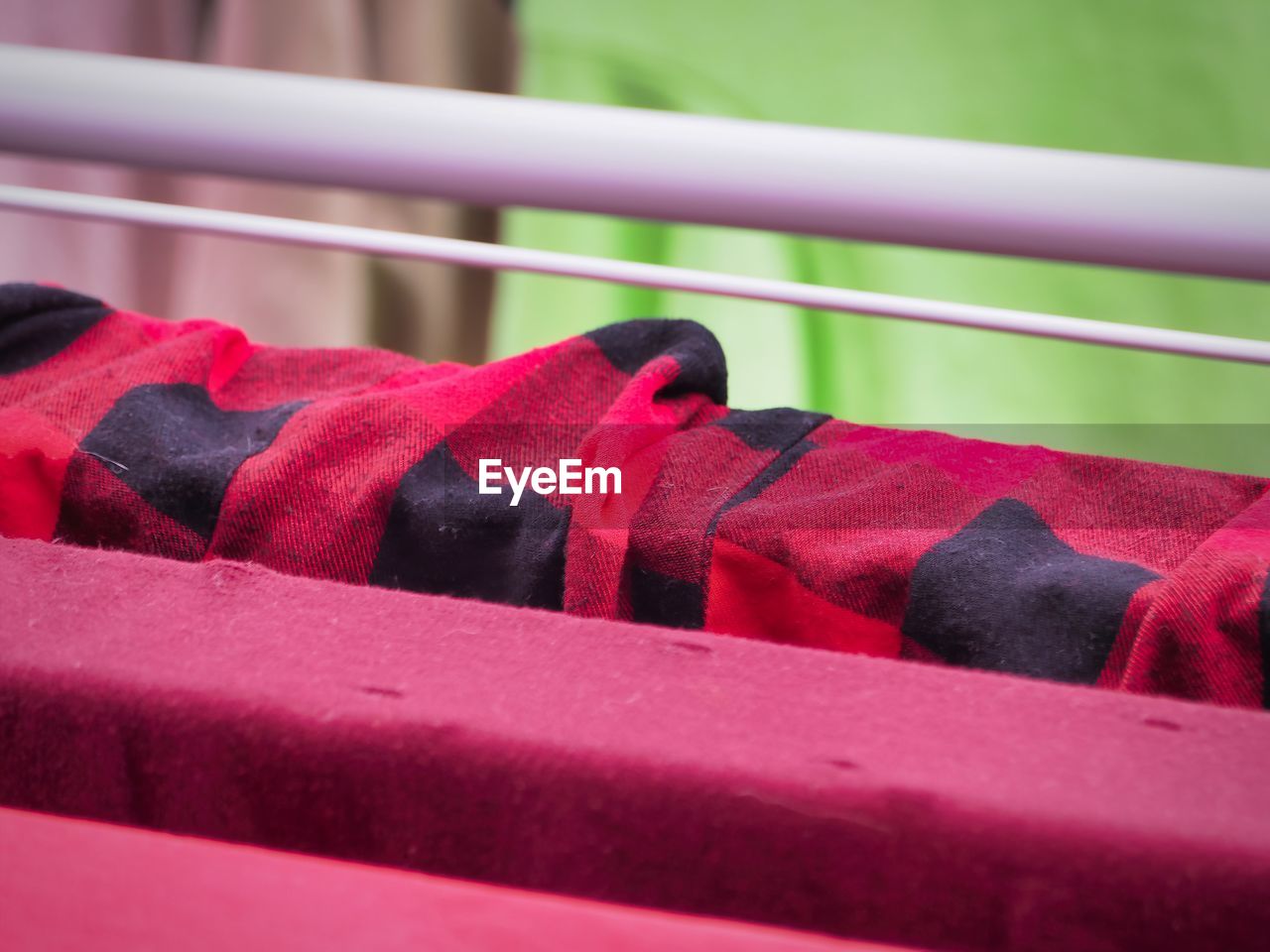 red, pink, green, footwear, purple, no people, close-up, clothing, selective focus, shoe, railing, day, textile