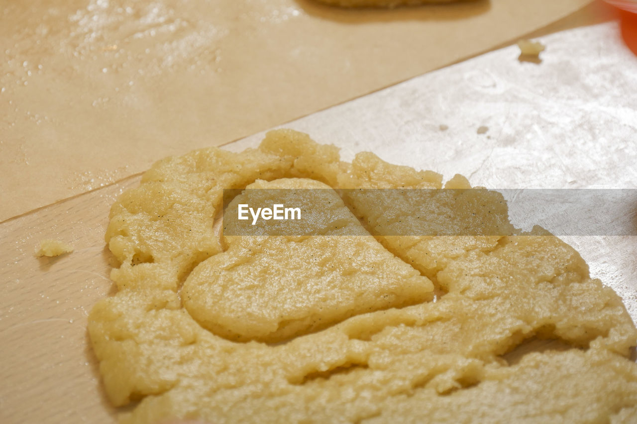 Close-up of heart shape on dough