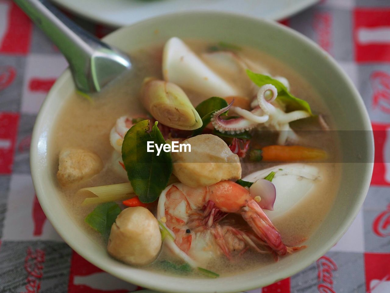 Close-up of a bowl of shrimp soup