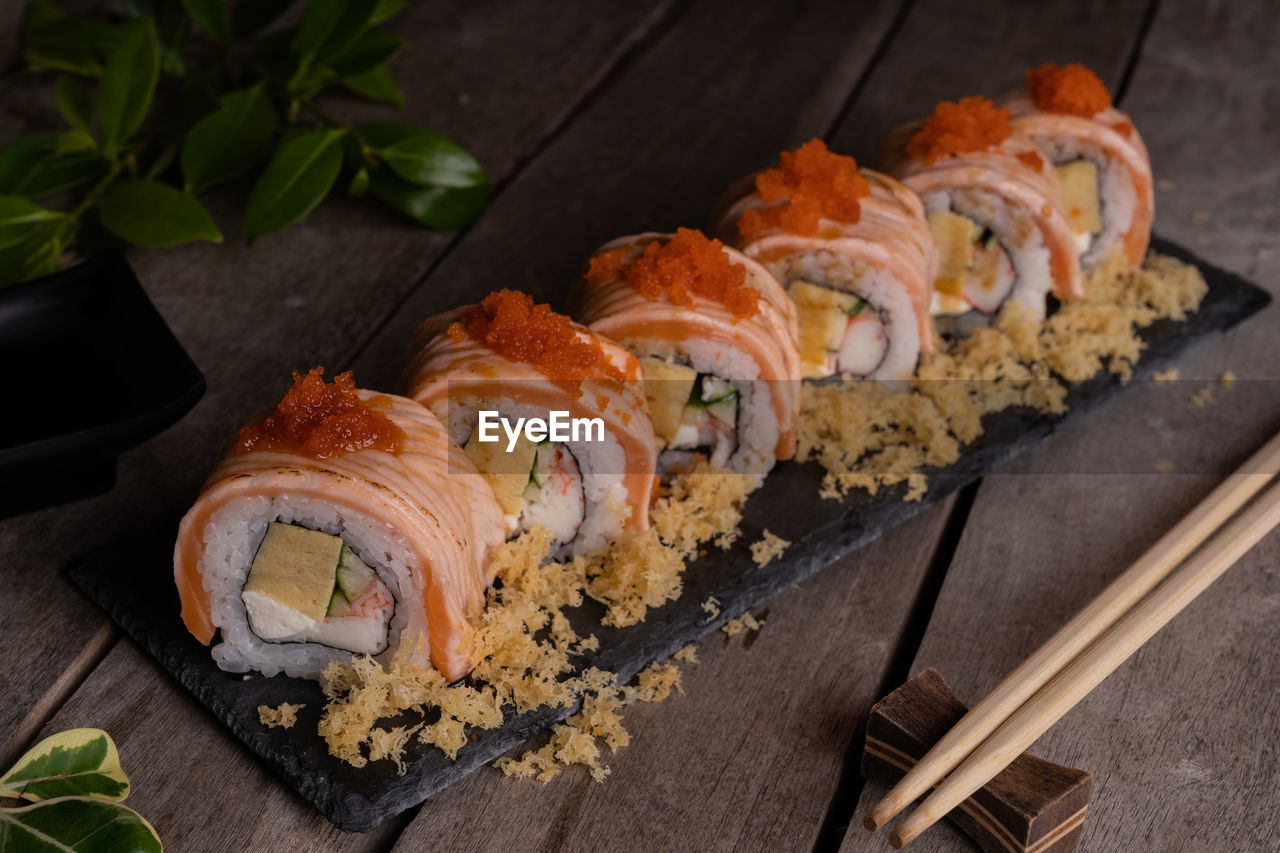 High angle view of sushi on tray