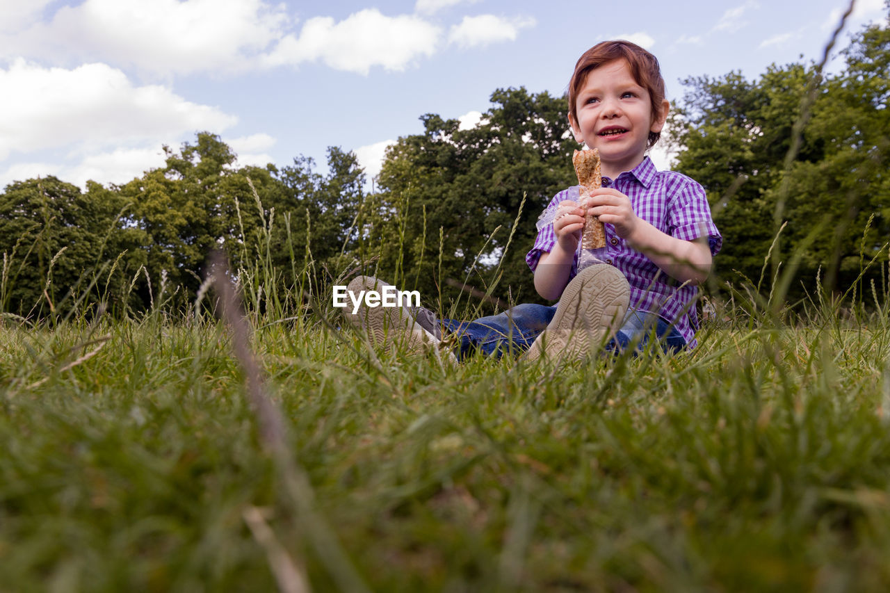 Cute boy sitting on grass