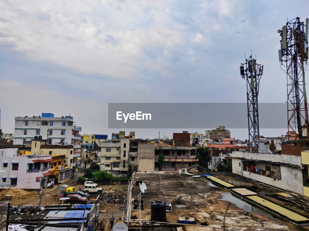 High angle view of buildings in city against sky