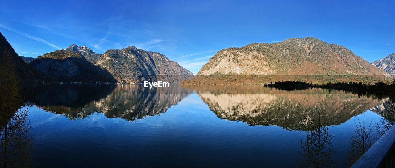 Reflection of mountains in lake against blue sky