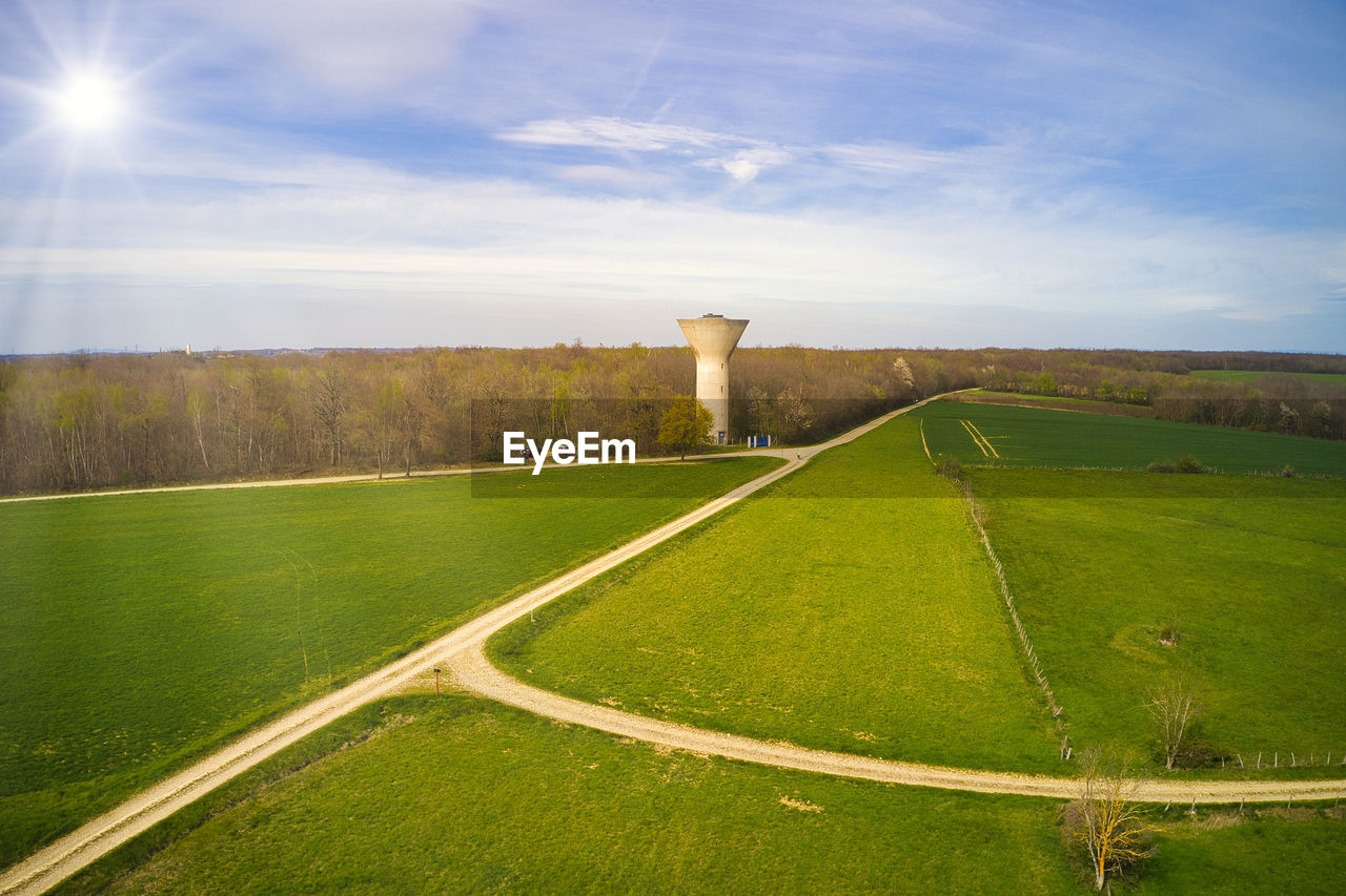 Aerial drone view of a water tower