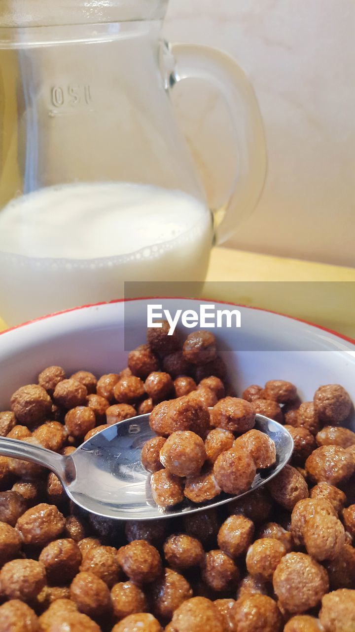 Close-up of breakfast cereals in bowl by milk