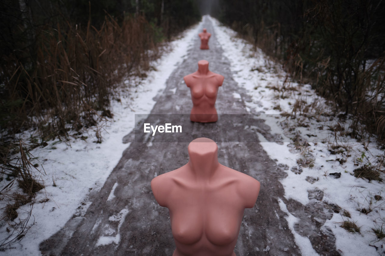 REAR VIEW OF SHIRTLESS MAN COVERED WITH SNOW