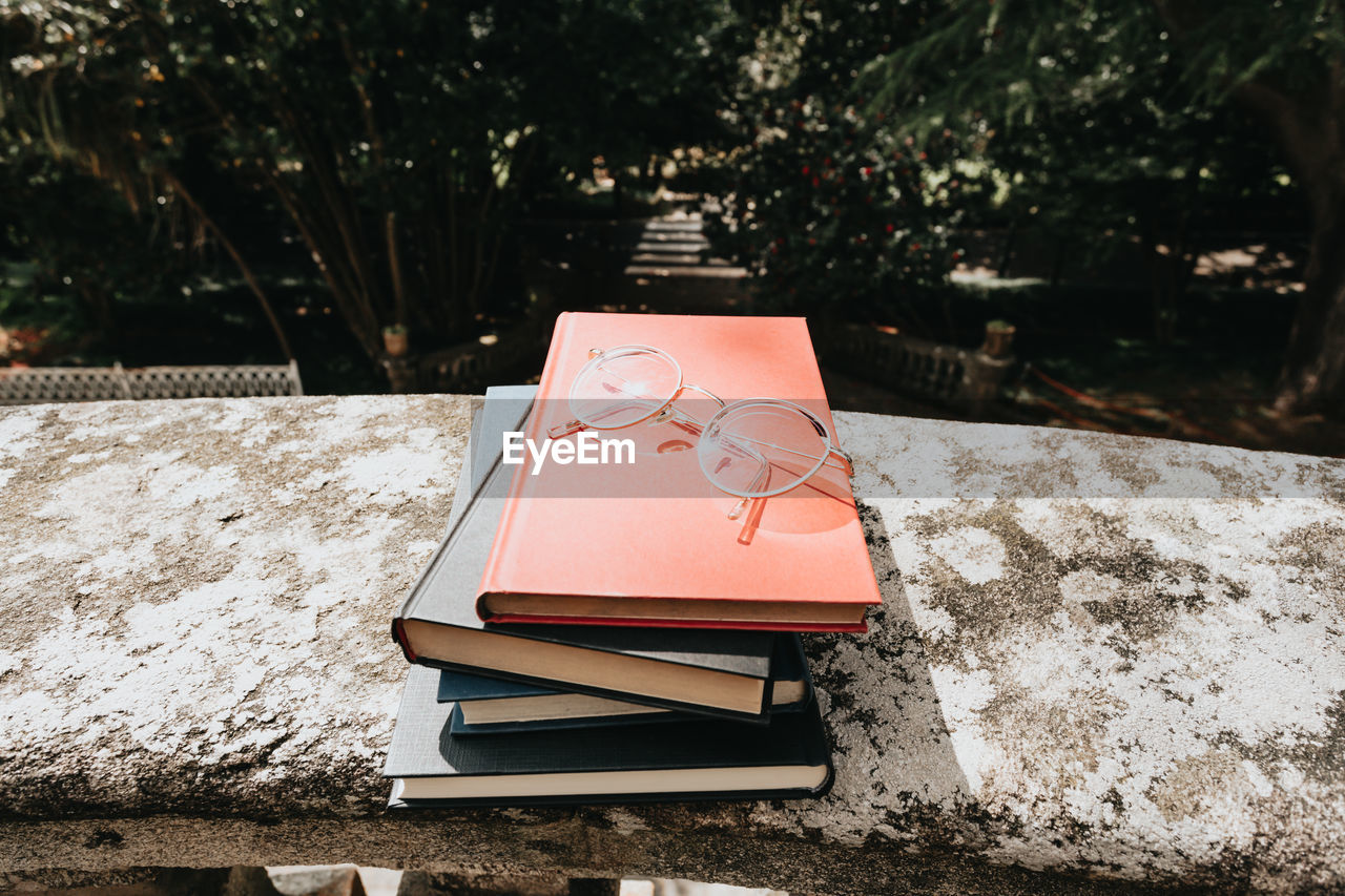 HIGH ANGLE VIEW OF OPEN BOOK ON TREE