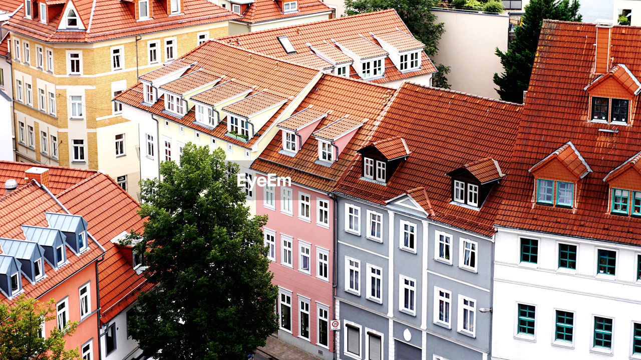 High angle view of buildings in city