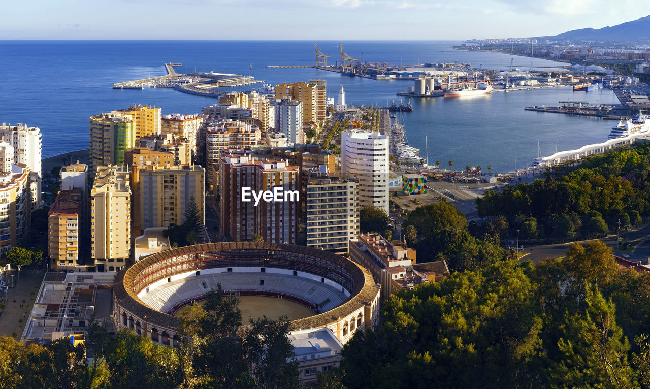 Panoramic view of the malaga city, harbor and bullfighting arena, costa del sol, malaga, spain